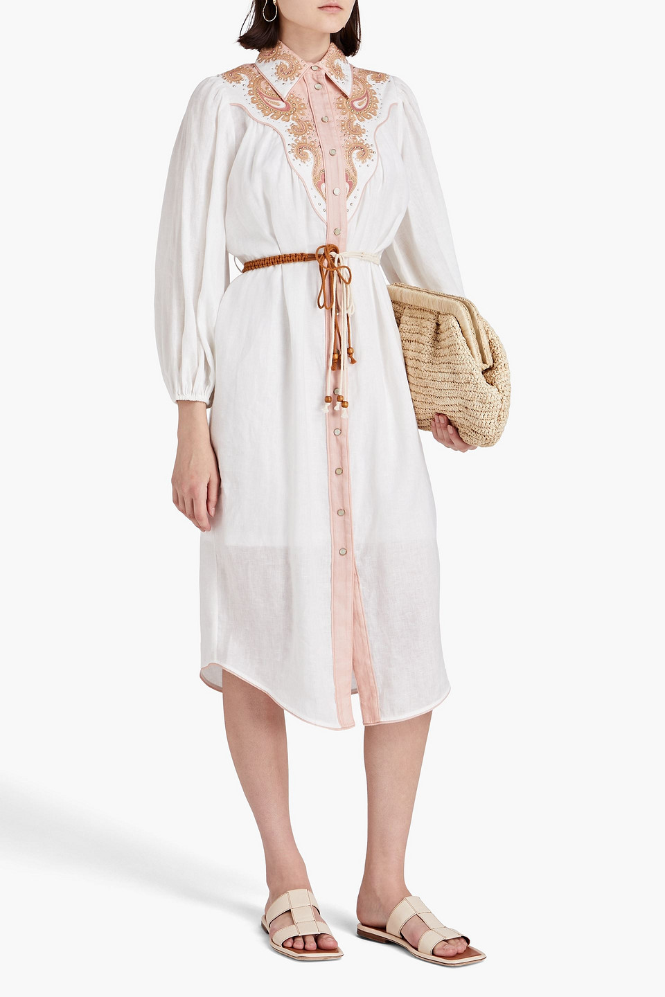 Shop Zimmermann Embellished Linen Midi Shirt Dress In White