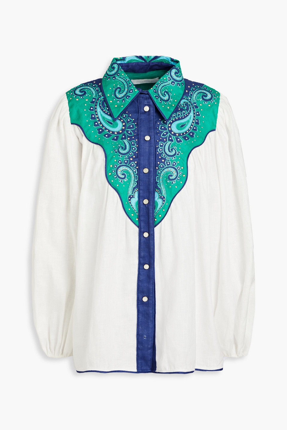 Zimmermann Embellished Gathered Paisley-print Slub Linen Shirt In White