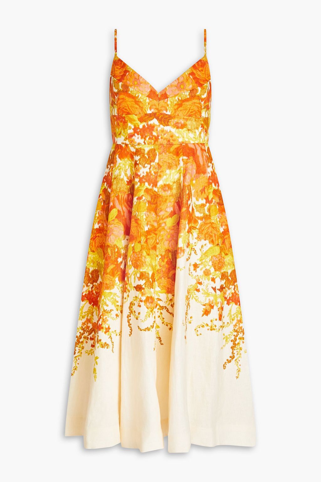 Shirred floral print linen midi dress