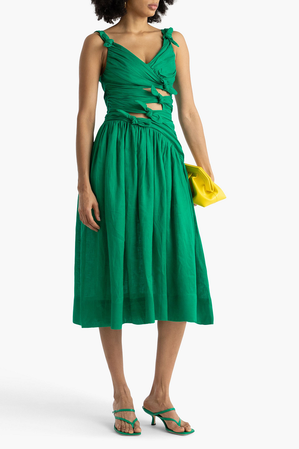 Zimmermann Tiggy Bow-embellished Linen Midi Dress In Green