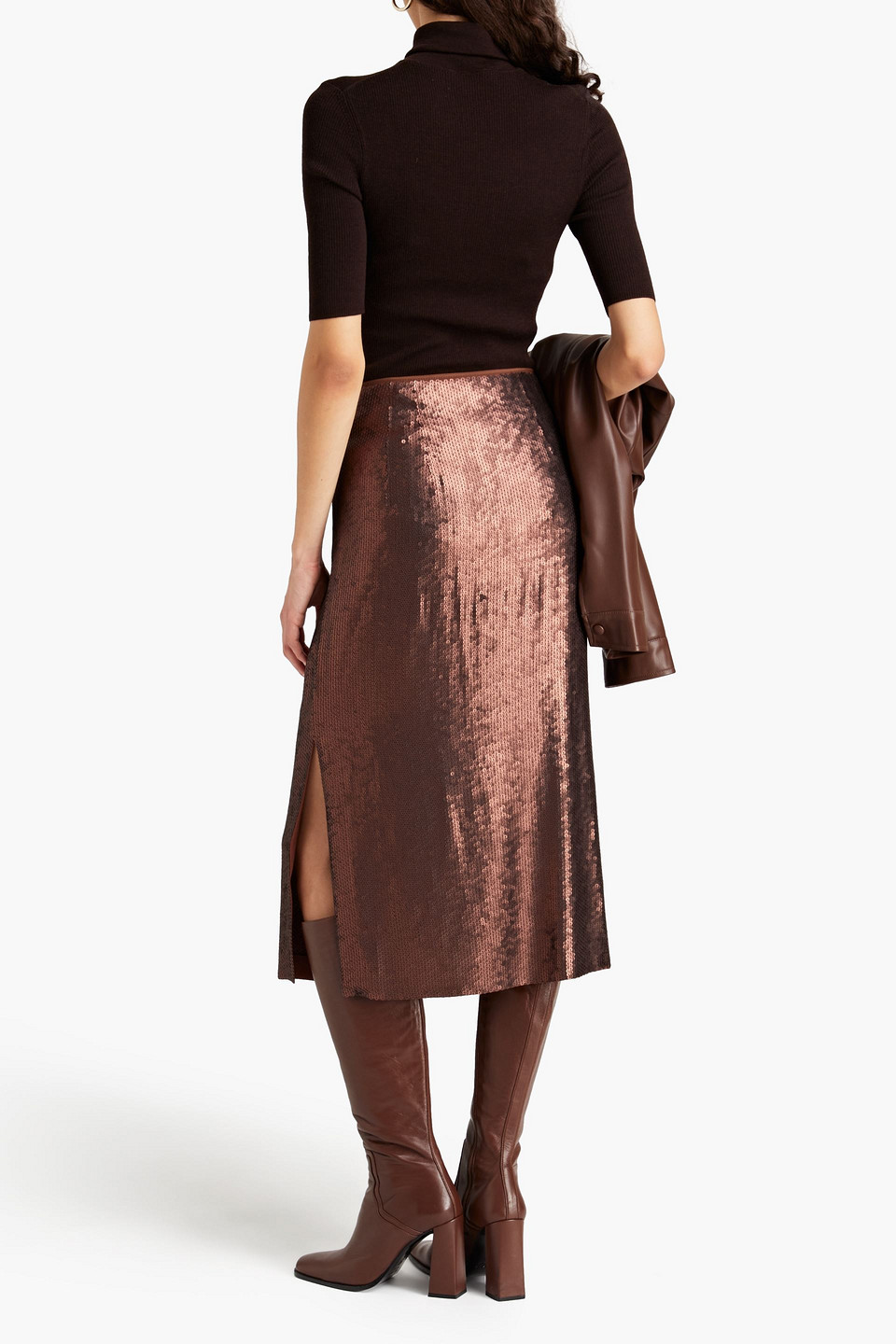 Shop Brunello Cucinelli Sequined Crepe Midi Skirt In Brown