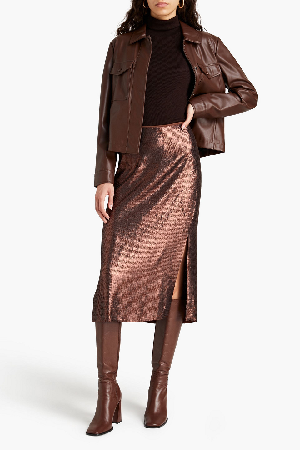 Shop Brunello Cucinelli Sequined Crepe Midi Skirt In Brown