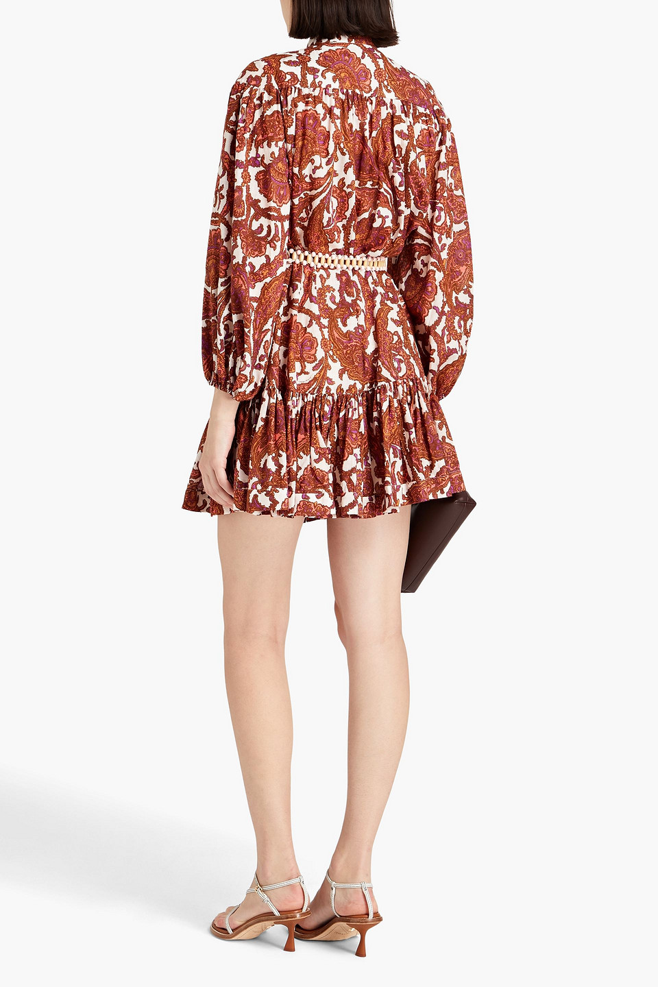 Shop Zimmermann Belted Paisley-print Cotton Mini Dress In Brown