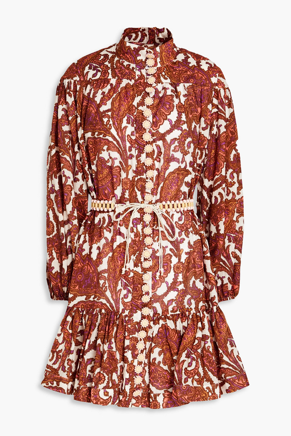 Shop Zimmermann Belted Paisley-print Cotton Mini Dress In Brown