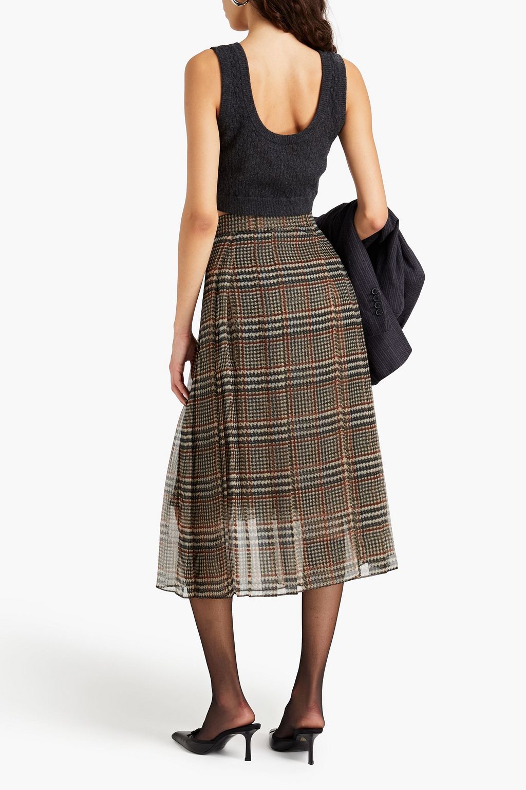 BRUNELLO CUCINELLI Pleated Prince of Wales checked silk-organza midi skirt