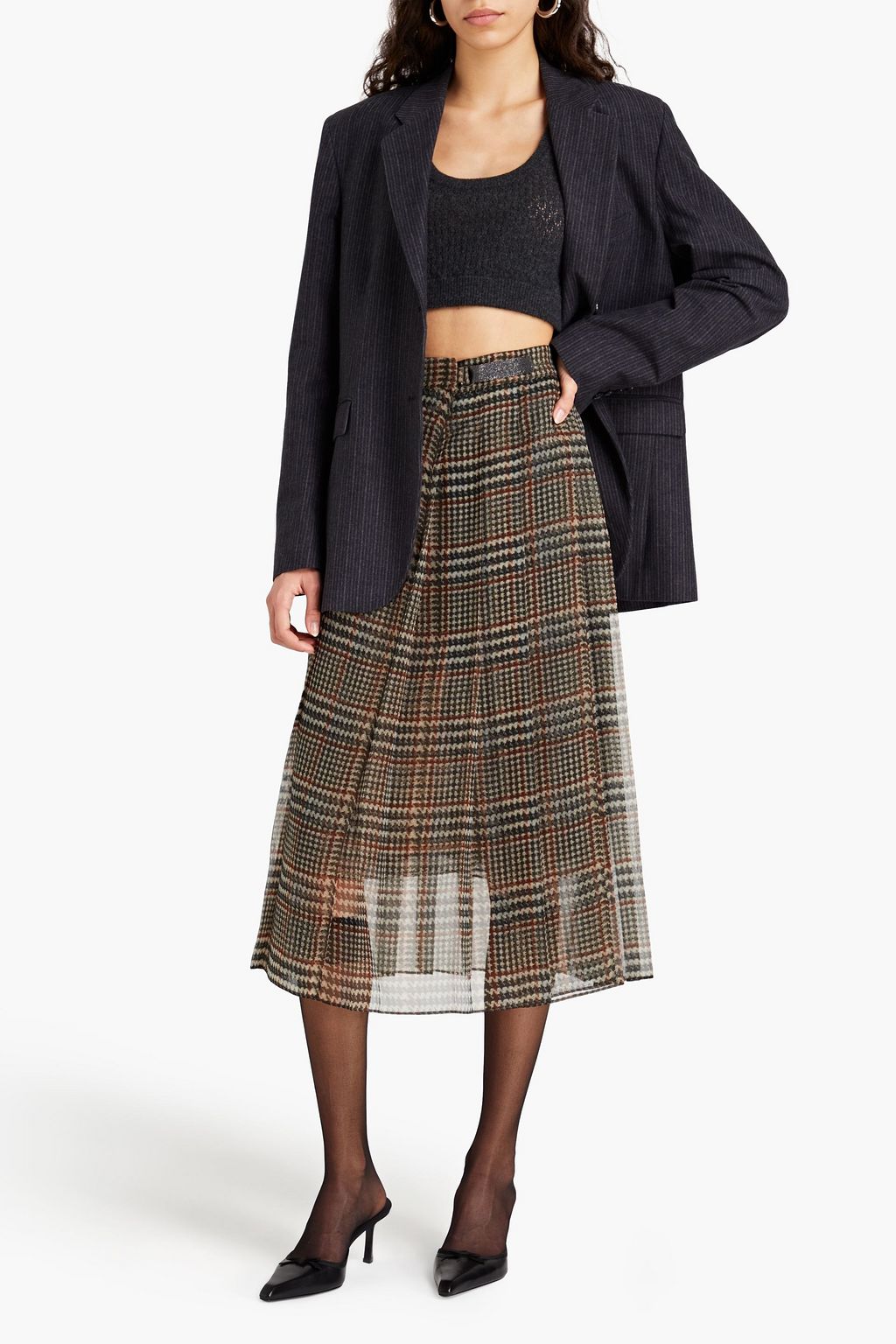 BRUNELLO CUCINELLI Pleated Prince of Wales checked silk-organza midi skirt