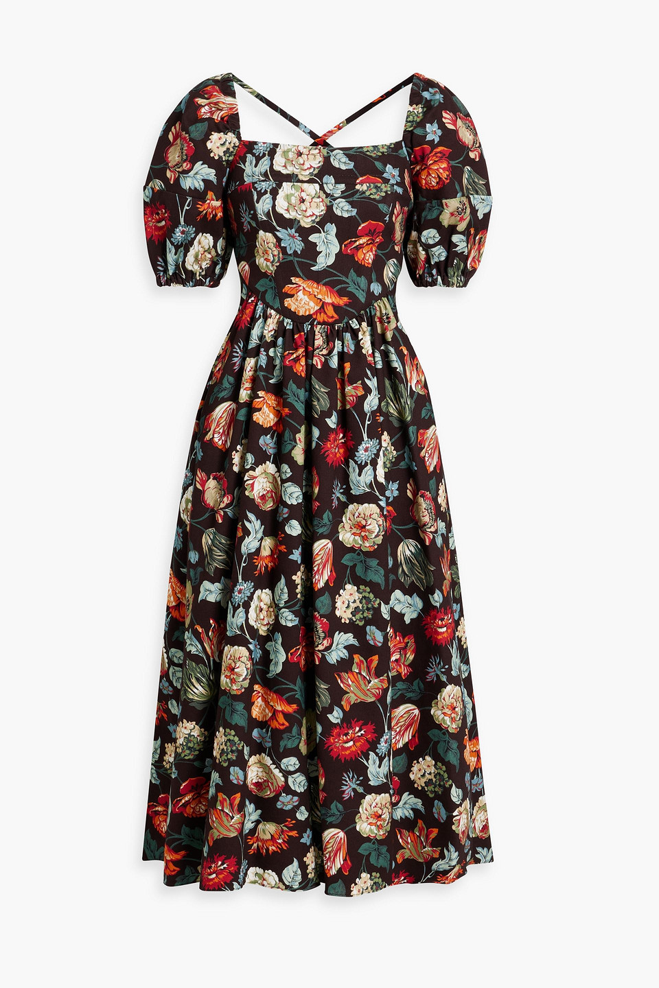 Rosetta Getty Floral-print Cotton-twill Midi Dress In Dark Brown