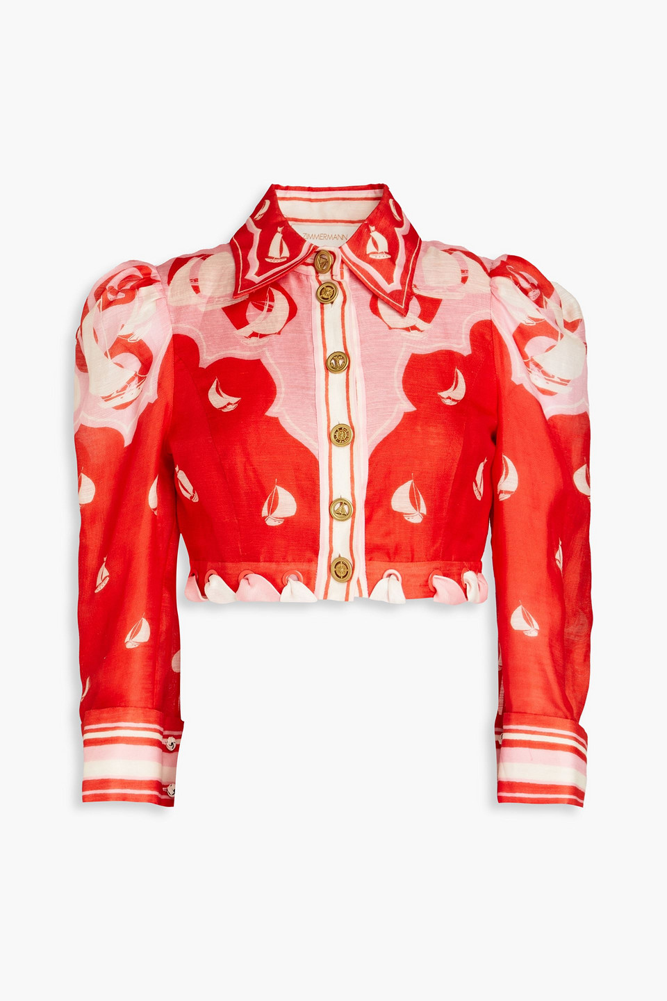 Zimmermann Cropped Printed Linen And Silk-blend Shirt In Tomato Red