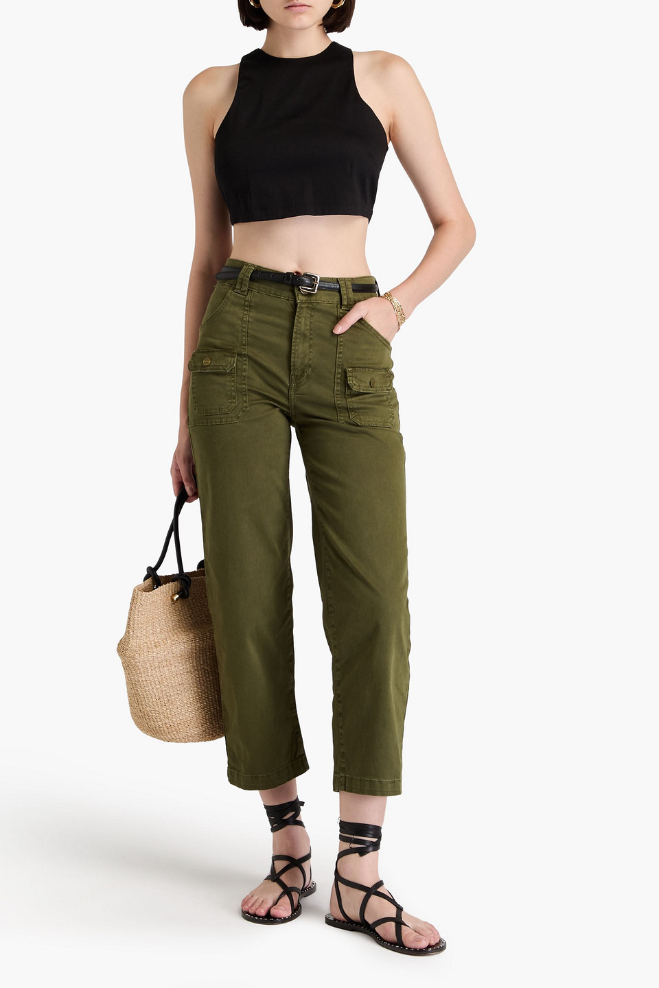 Frame Cropped Cotton-blend Twill Straight-leg Pants In Army Green
