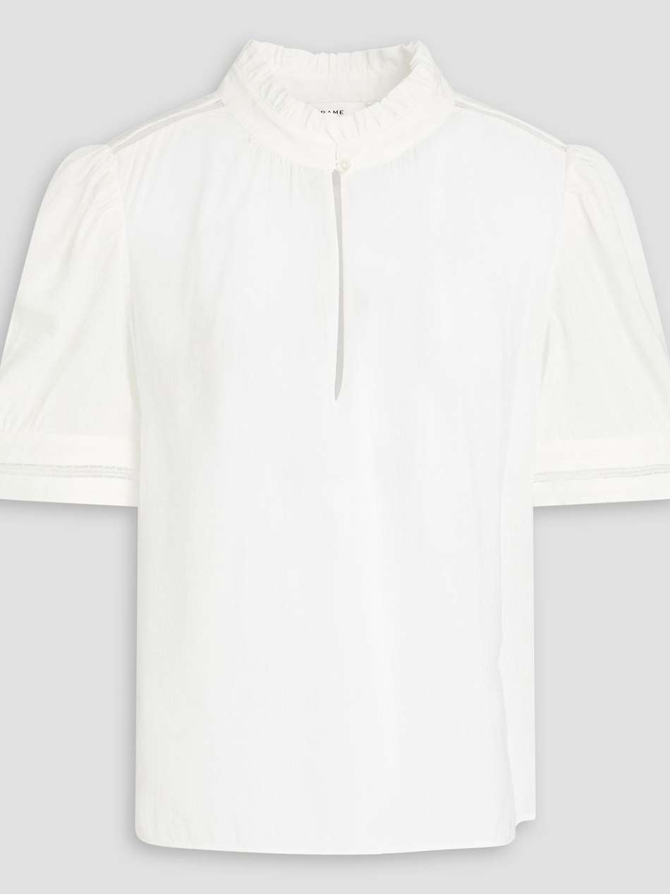 lace-trimmed linen-blend seersucker top