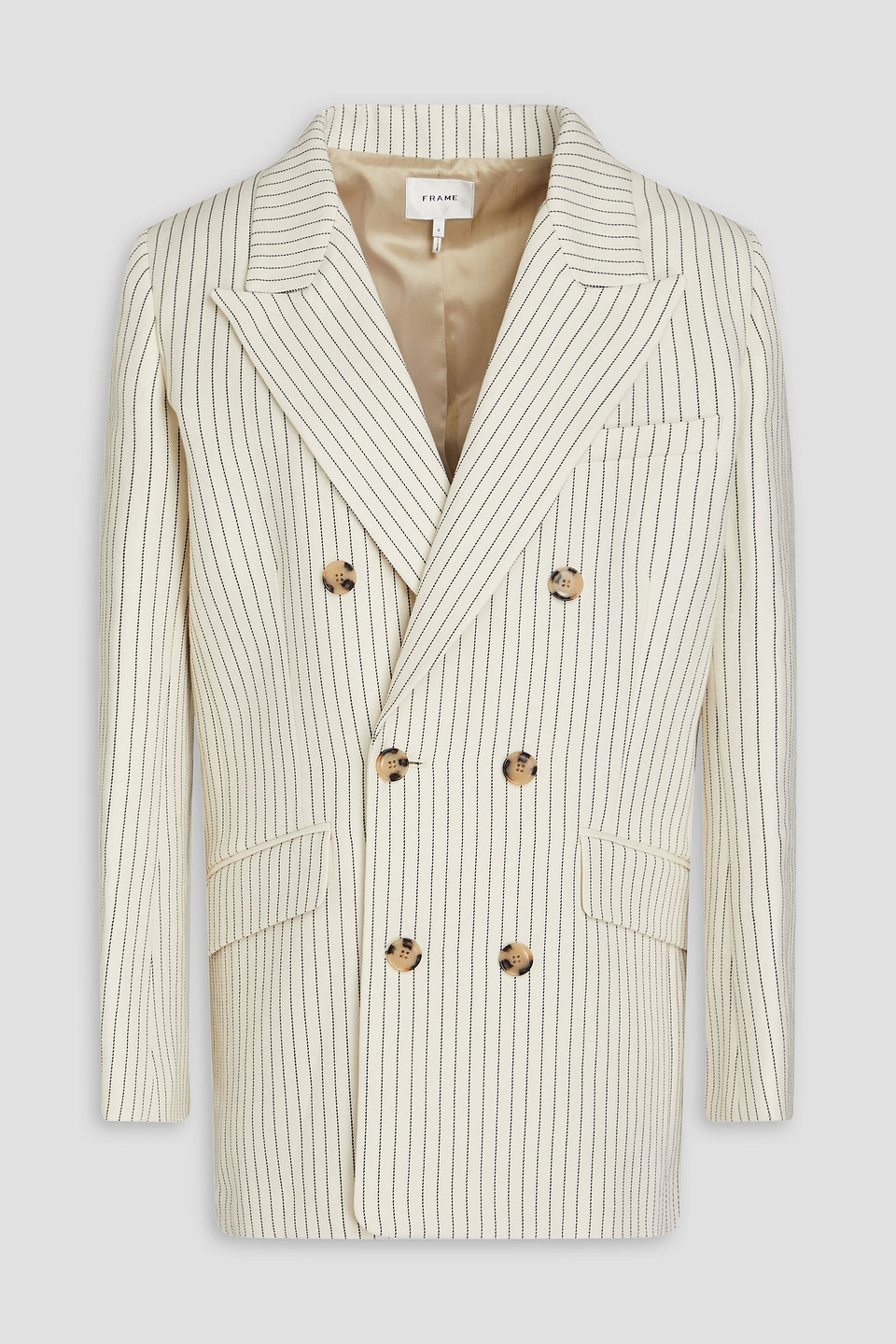 Shop Frame Double-breasted Pinstriped Cotton And Linen-blend Twill Blazer In Ivory
