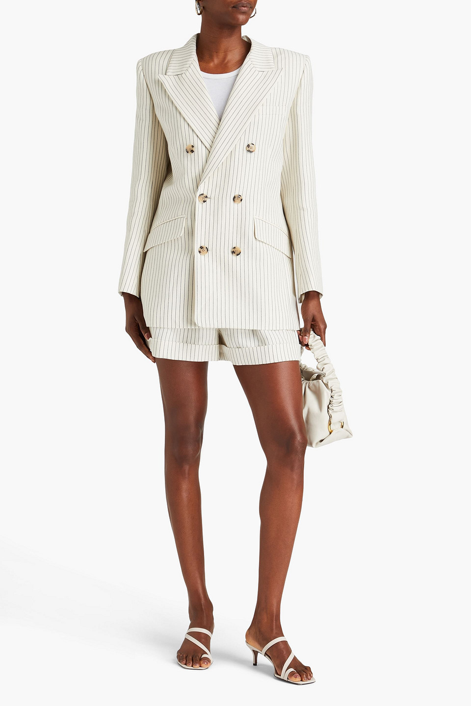 Shop Frame Double-breasted Pinstriped Cotton And Linen-blend Twill Blazer In Ivory