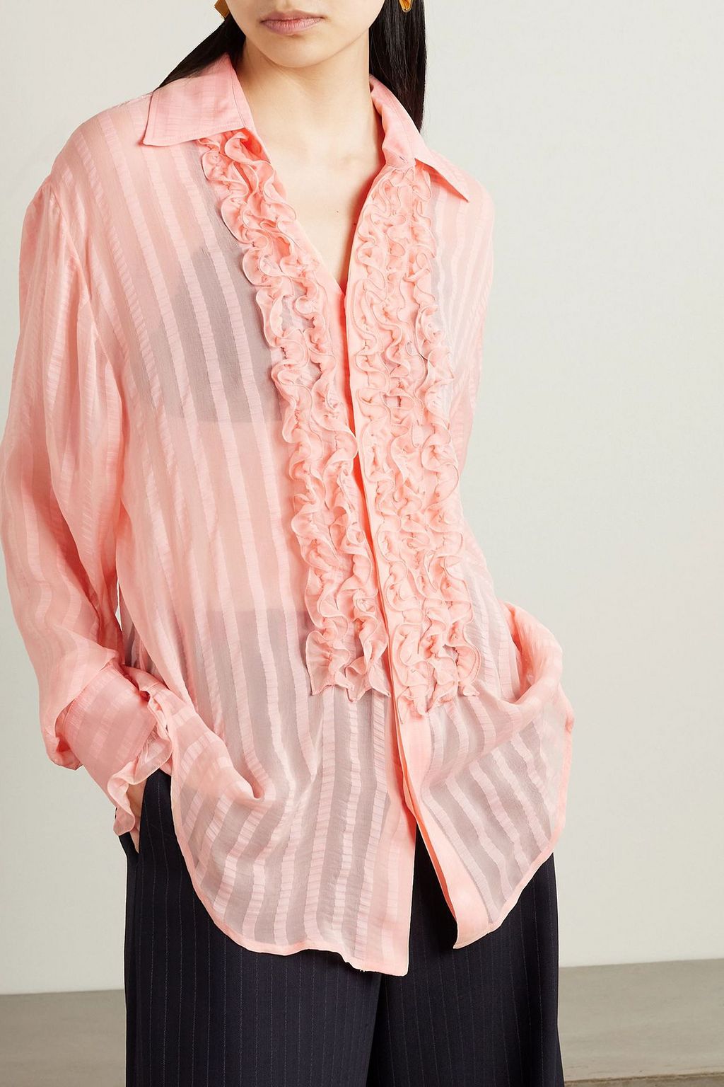 STELLA MCCARTNEY Striped ruffled silk-blend crepe de chine shirt