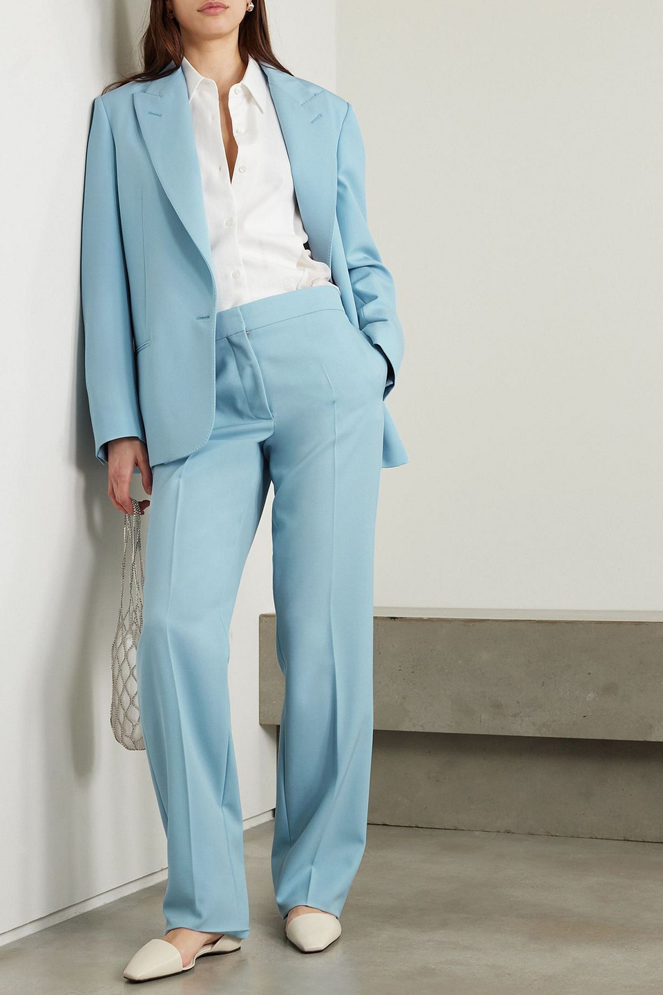 Stella Mccartney Satin Dropped Waist Straight Wide Leg Pants In Blue