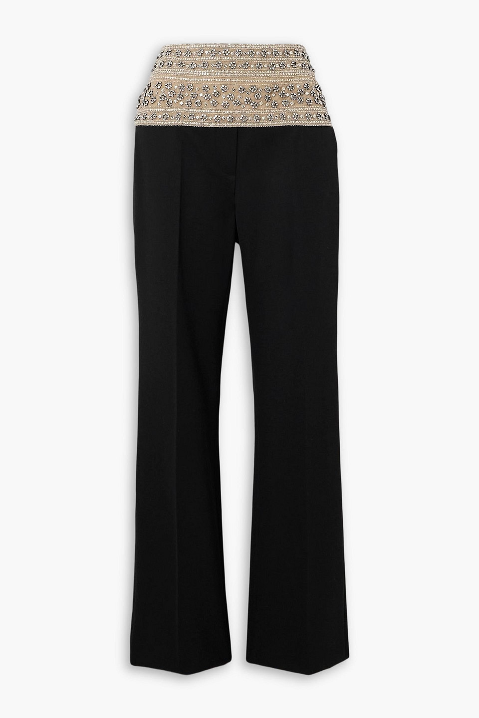 Stella Mccartney Crystal-embellished Mesh-trimmed Wool-twill Straight-leg Pants In Black