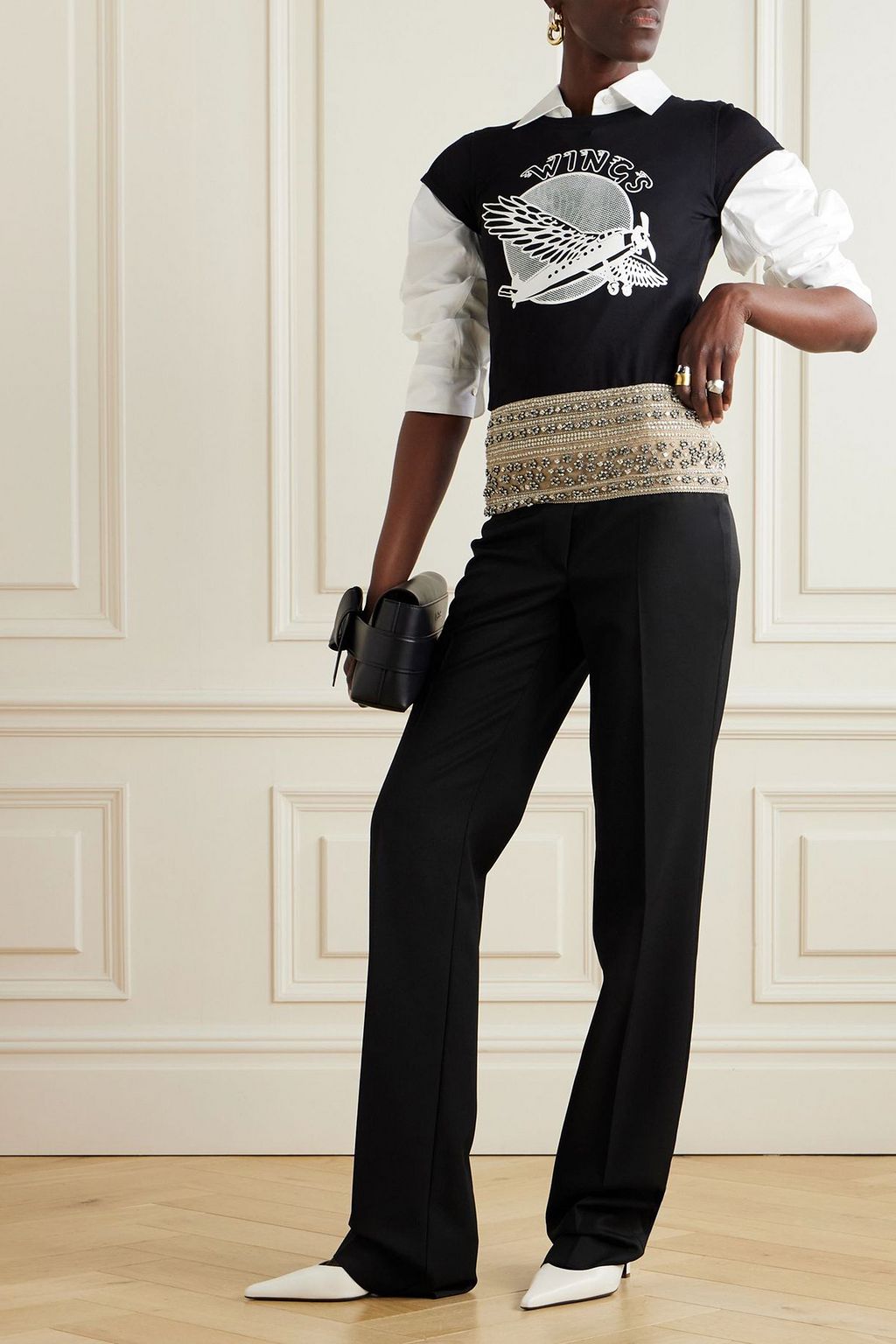 STELLA MCCARTNEY Crystal-embellished mesh-trimmed wool-twill straight-leg pants