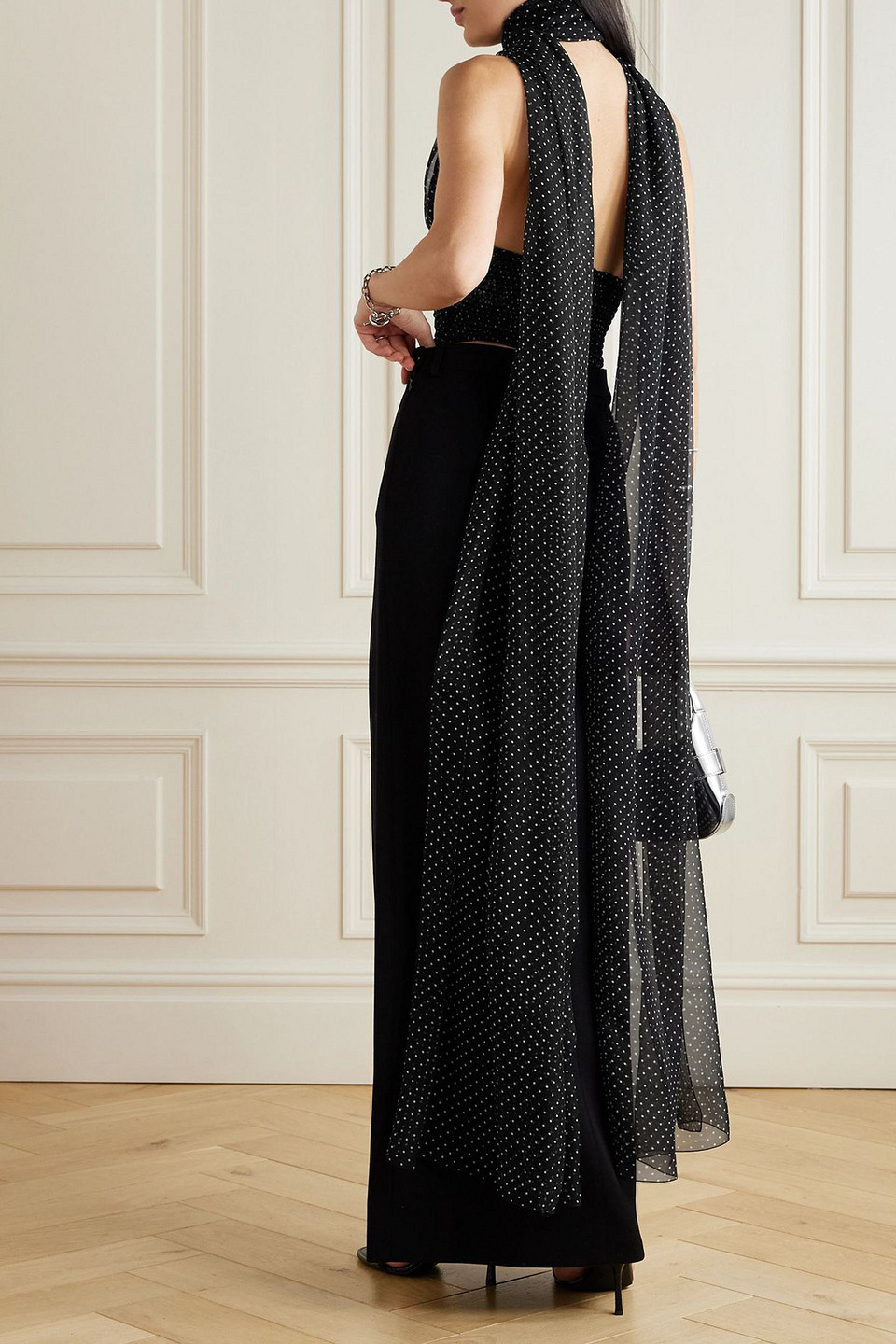 Dolce & Gabbana Ruched Cropped Polka-dot Silk-chiffon Top In Black