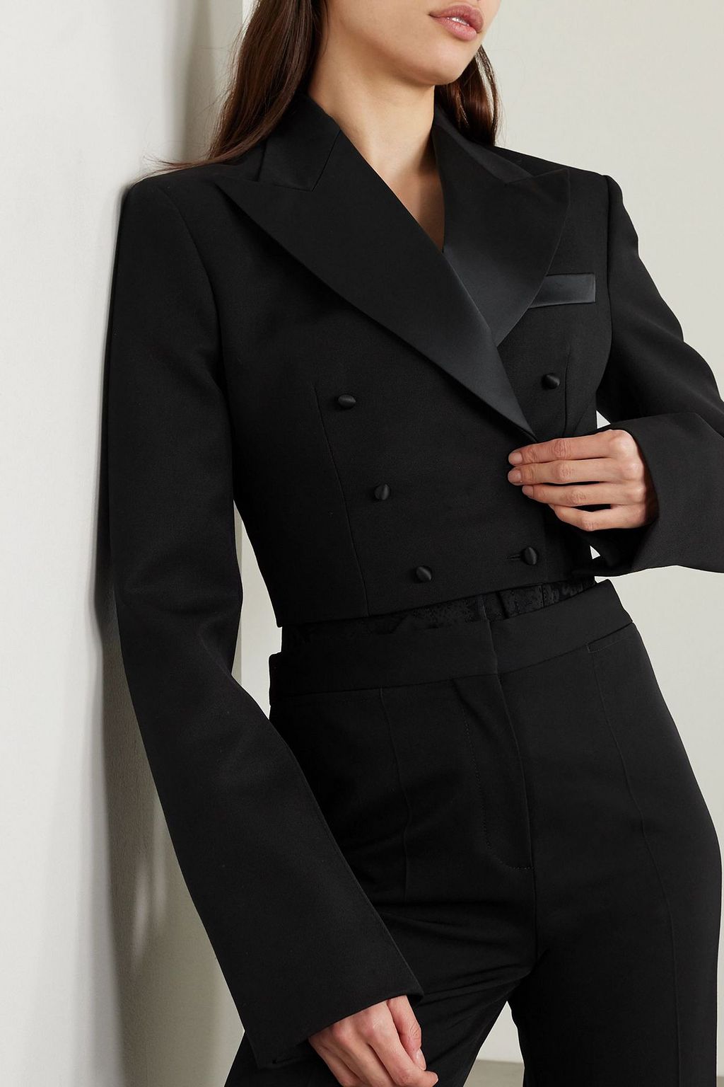 STELLA MCCARTNEY Double-breasted cropped satin-trimmed wool blazer