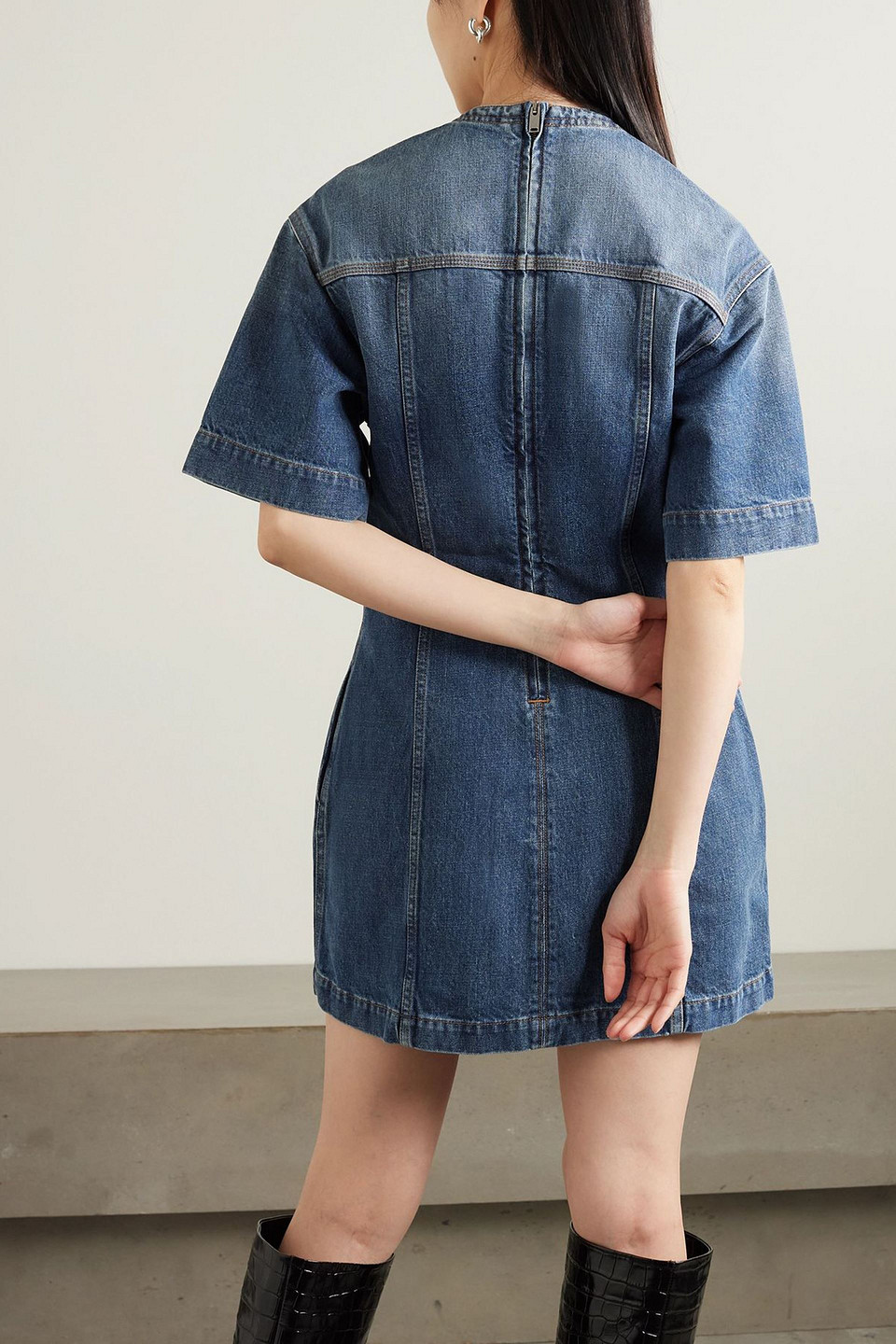 Stella Mccartney Laced V-neck Short-sleeve Vintage Denim Mini Dress In Blue