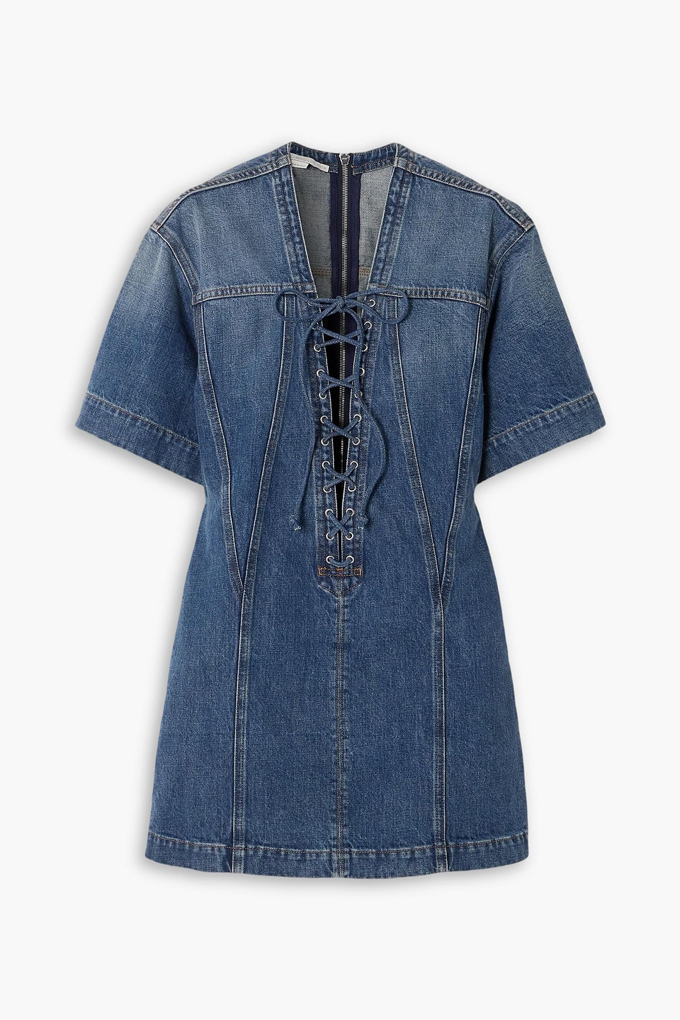 Stella Mccartney Laced V-neck Short-sleeve Vintage Denim Mini Dress In Blue
