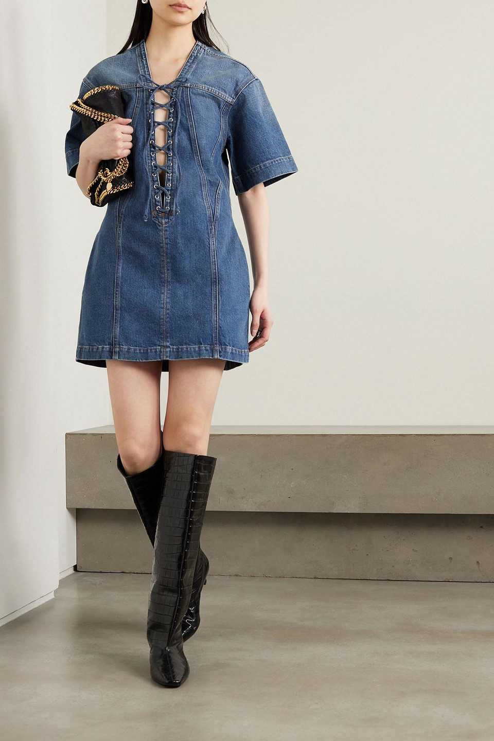 Stella Mccartney Laced V-neck Short-sleeve Vintage Denim Mini Dress In Blue