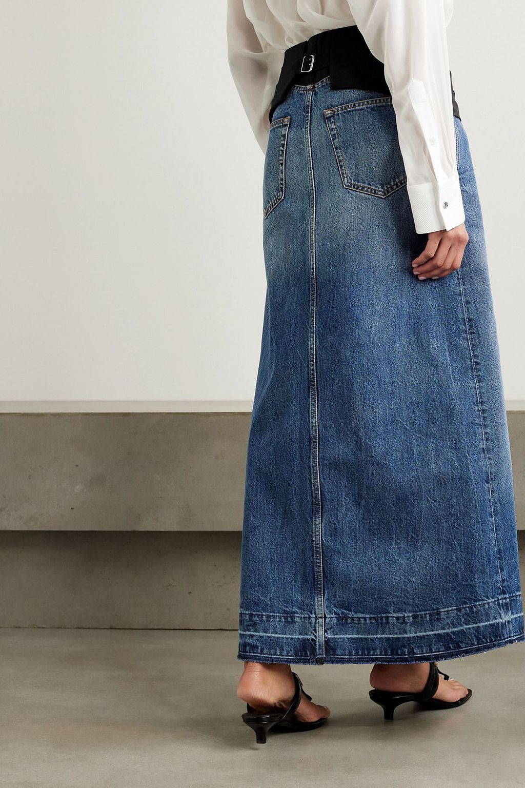 STELLA MCCARTNEY Pleated faille-paneled denim maxi skirt