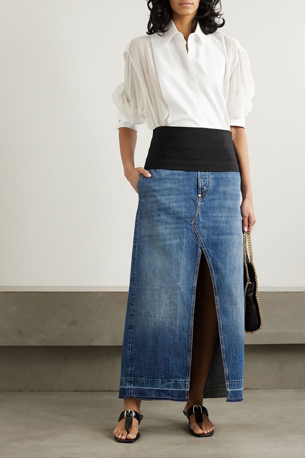 STELLA MCCARTNEY Pleated faille-paneled denim maxi skirt