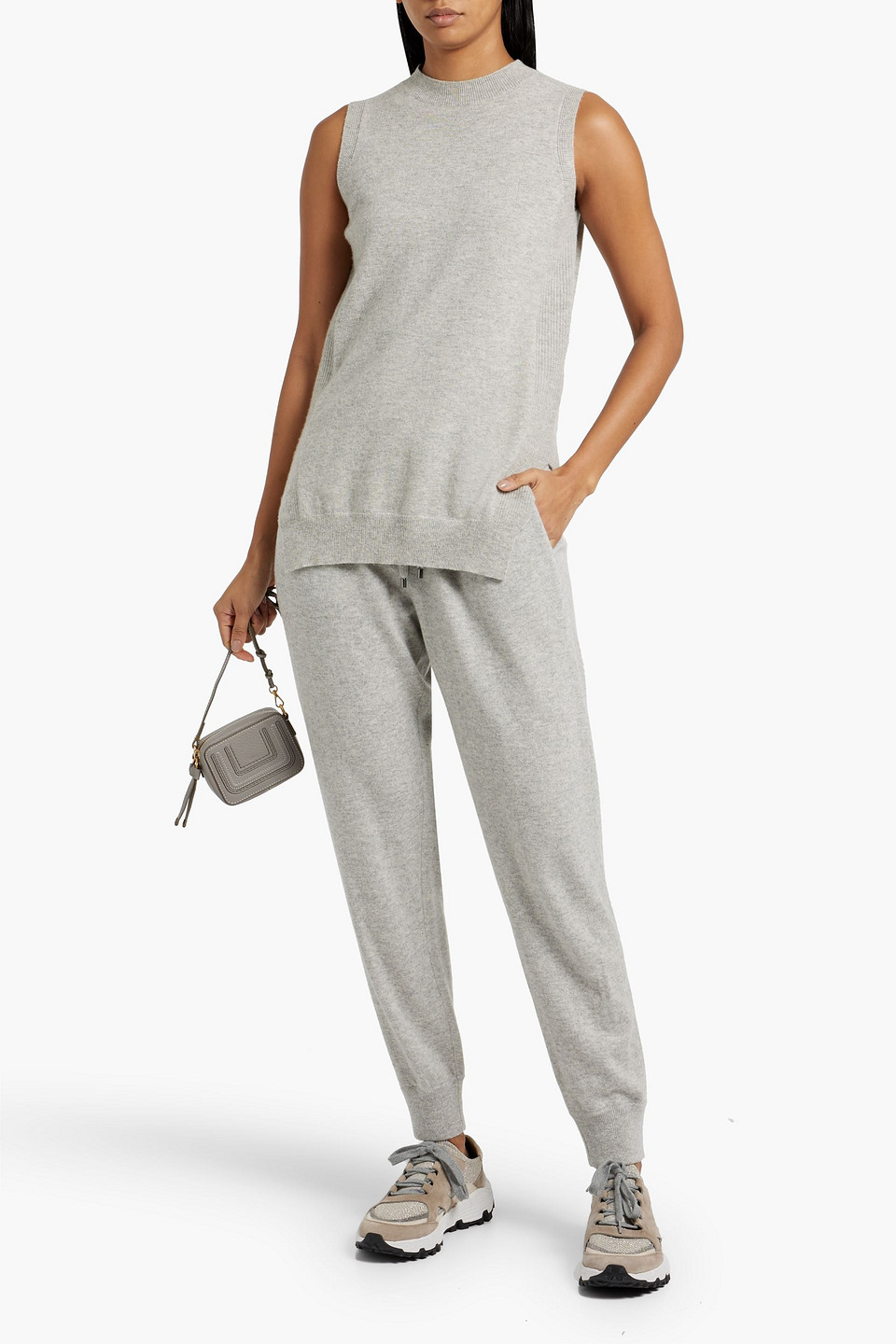 Shop Brunello Cucinelli Bead-embellished Cashmere Track Pants In Light Gray