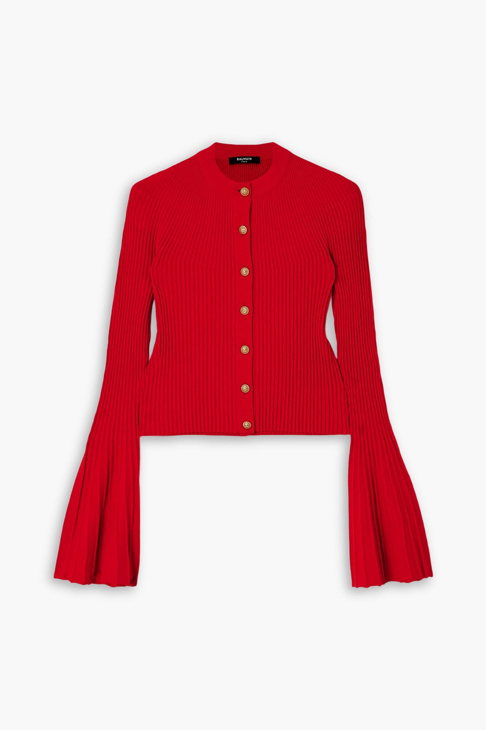 Balmain Pleated Ribbed-knit Cardigan In Red