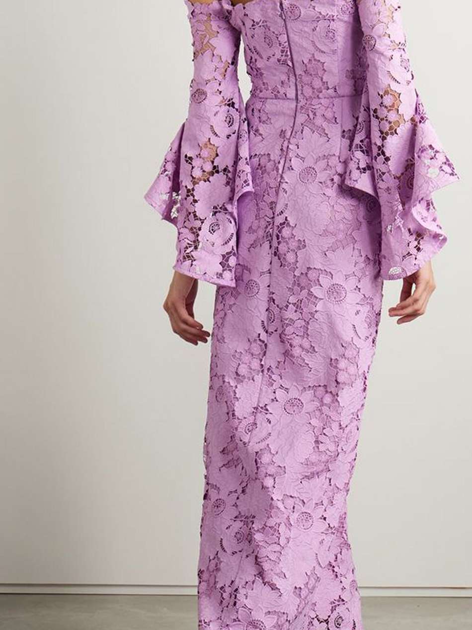 off-the-shoulder ruffled guipure lace gown
