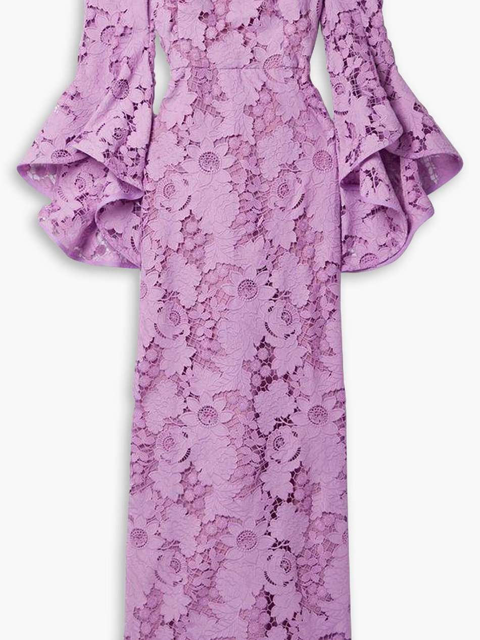 off-the-shoulder ruffled guipure lace gown