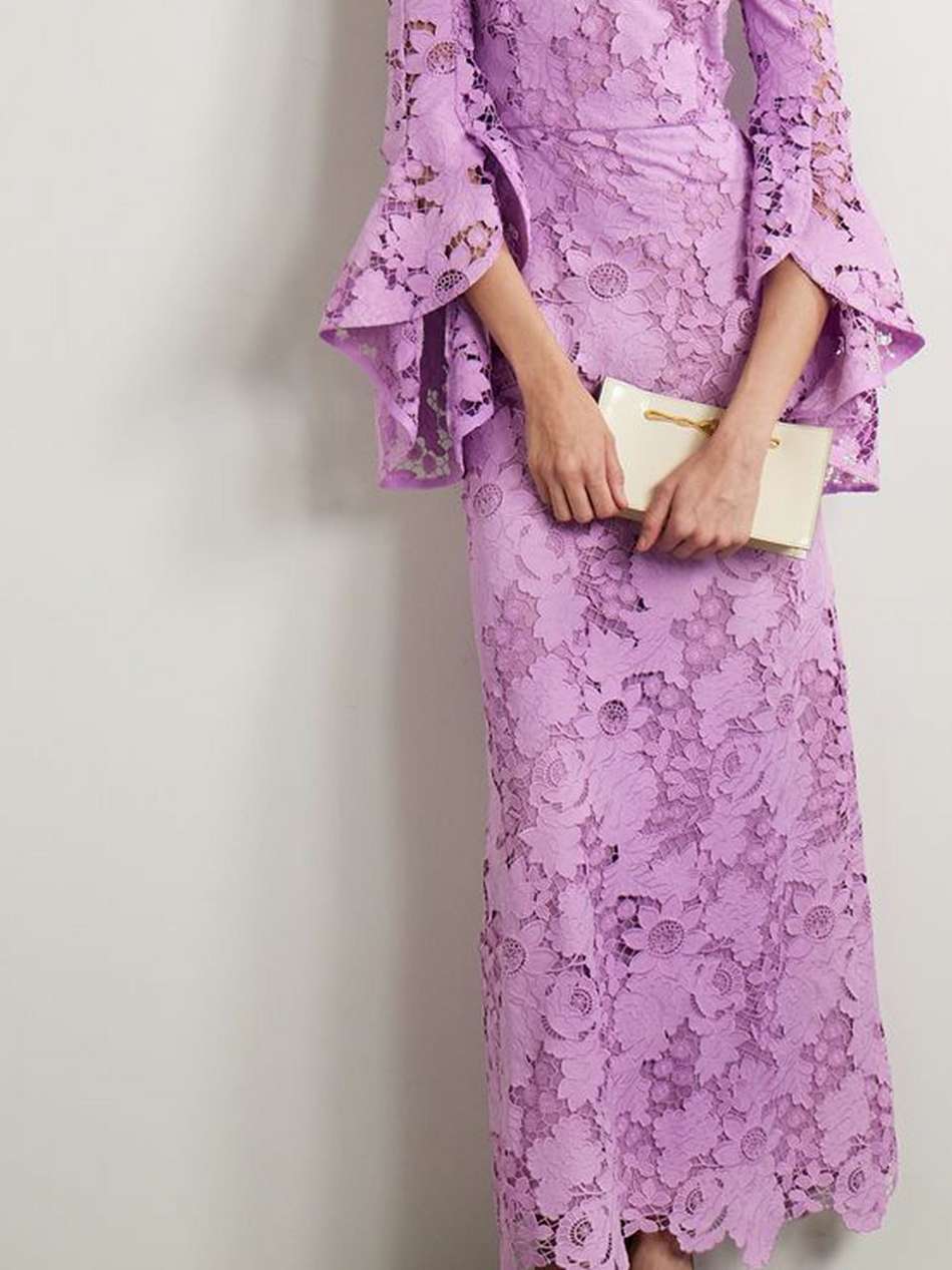 off-the-shoulder ruffled guipure lace gown