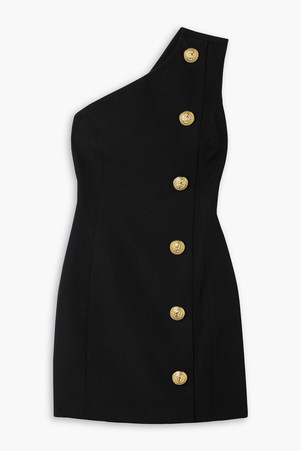 Balmain One-shoulder Button-embellished Grain De Poudre Wool Mini Dress In Black