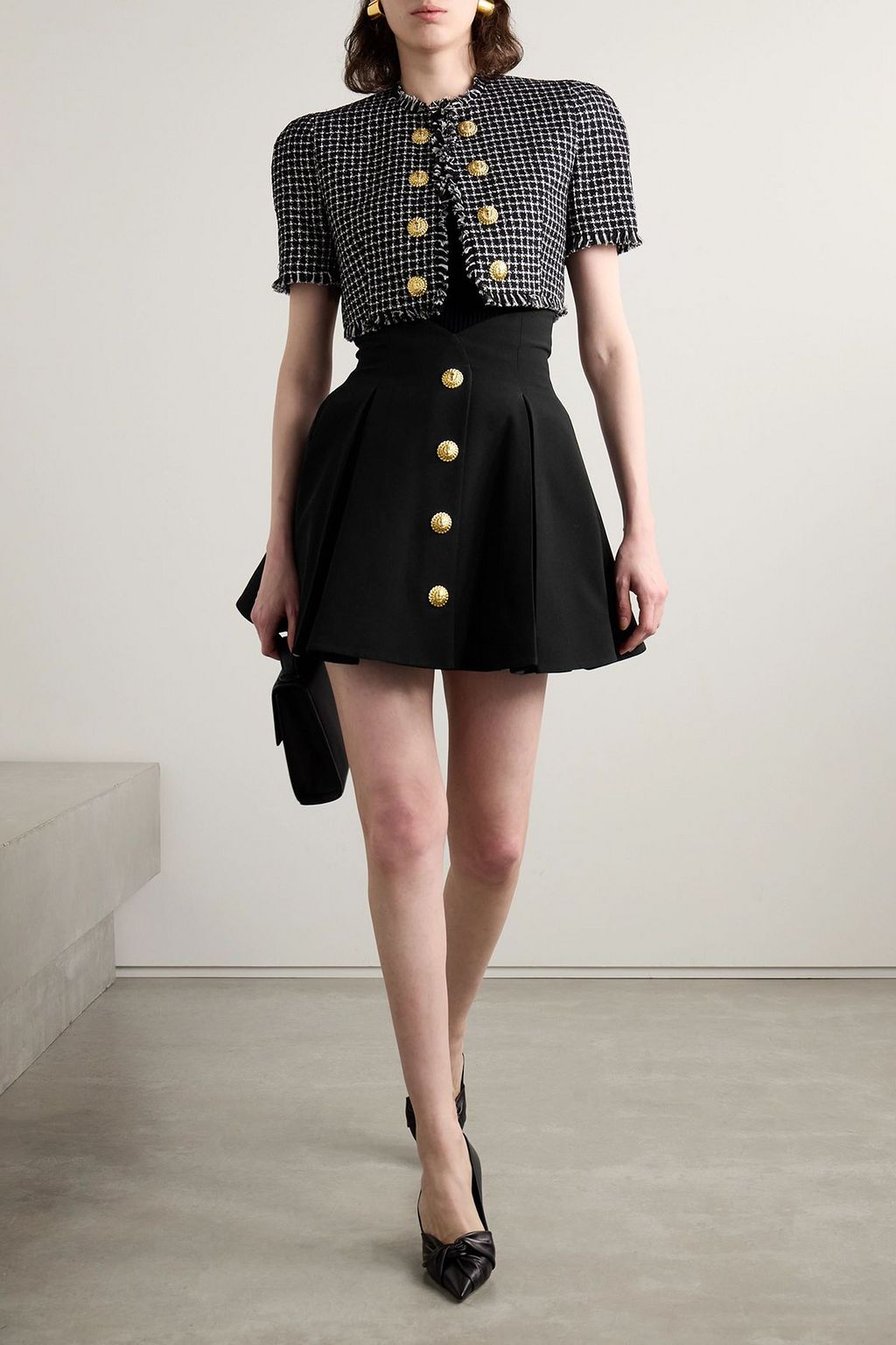 BALMAIN Button-embellished pleated crepe mini skirt
