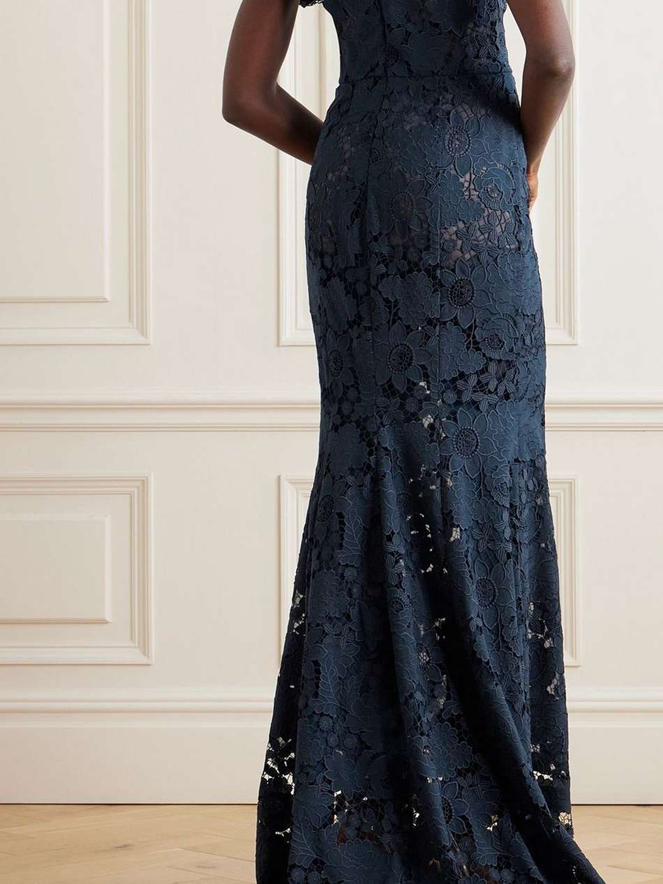 off-the-shoulder guipure lace gown