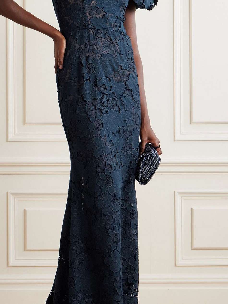off-the-shoulder guipure lace gown