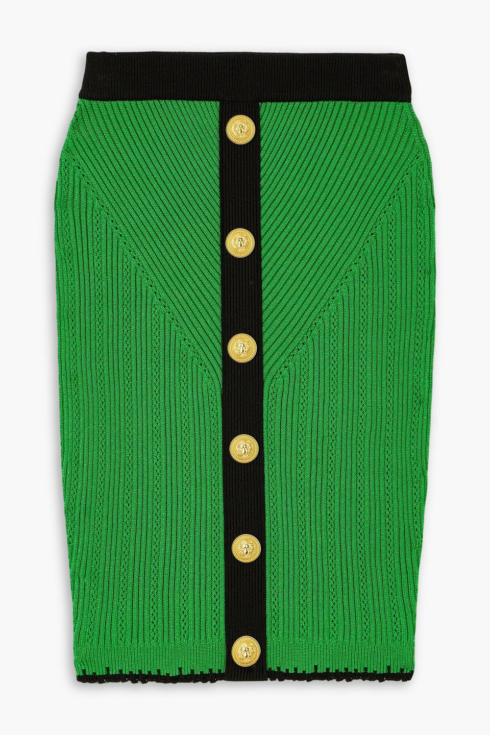 Balmain Button-embellished Ribbed Pointelle-knit Mini Skirt In Green
