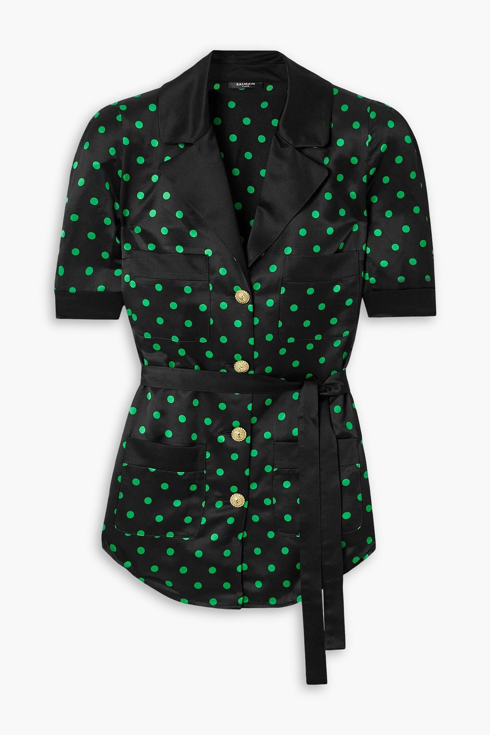 Balmain Belted Polka-dot Satin Shirt In Black