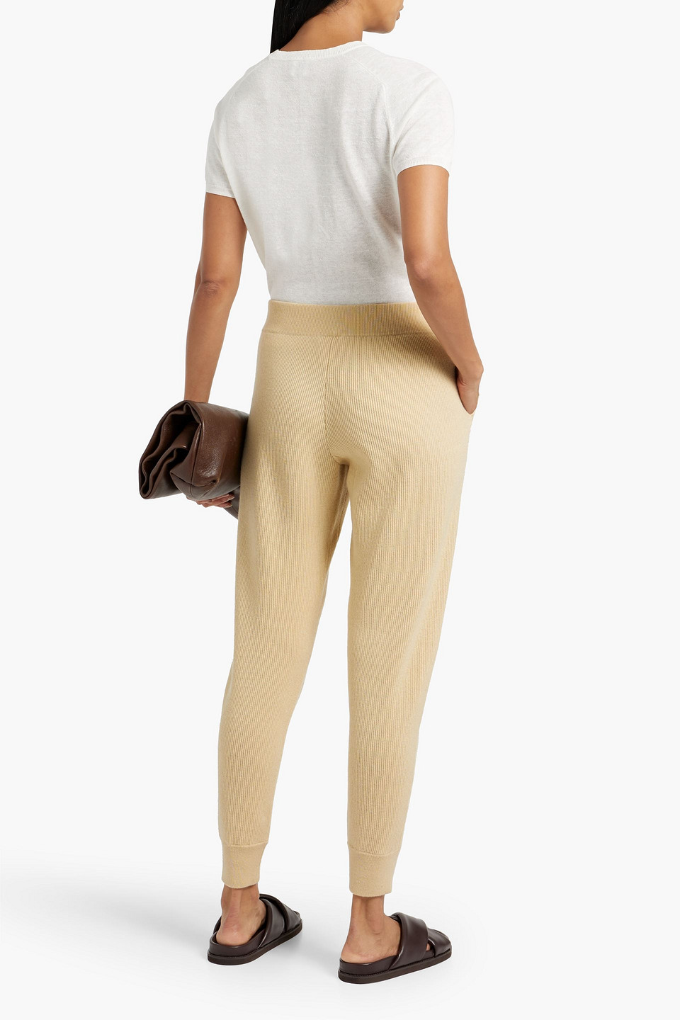 Shop Brunello Cucinelli Bead-embellished Ribbed Cashmere Track Pants In Pastel Yellow