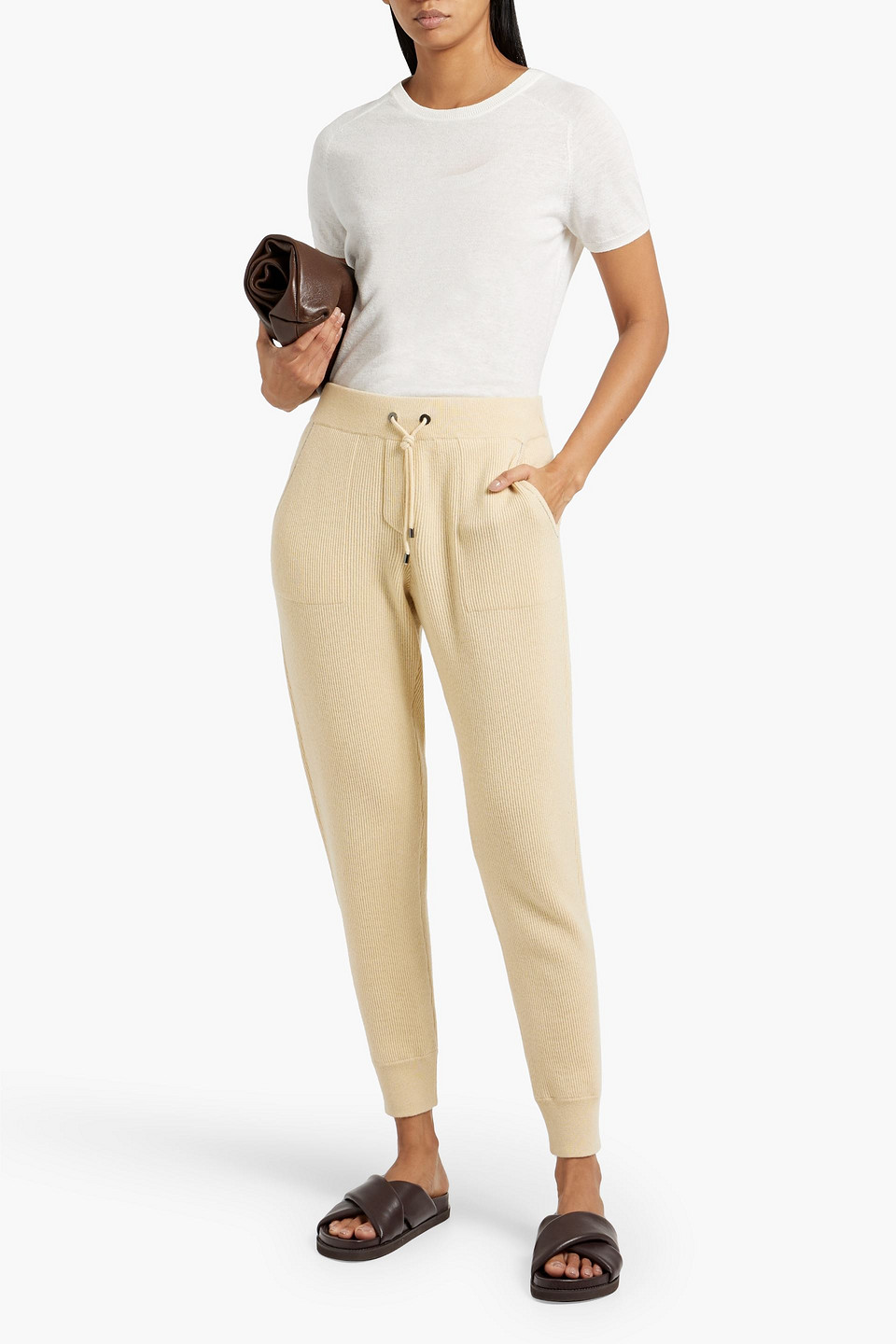 Shop Brunello Cucinelli Bead-embellished Ribbed Cashmere Track Pants In Pastel Yellow