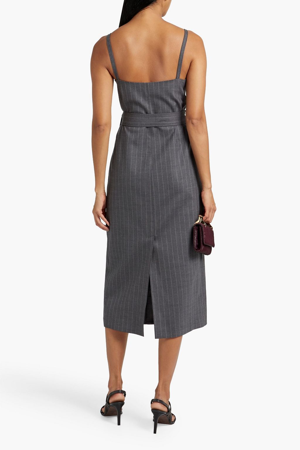 BRUNELLO CUCINELLI Belted pinstriped wool-blend midi dress