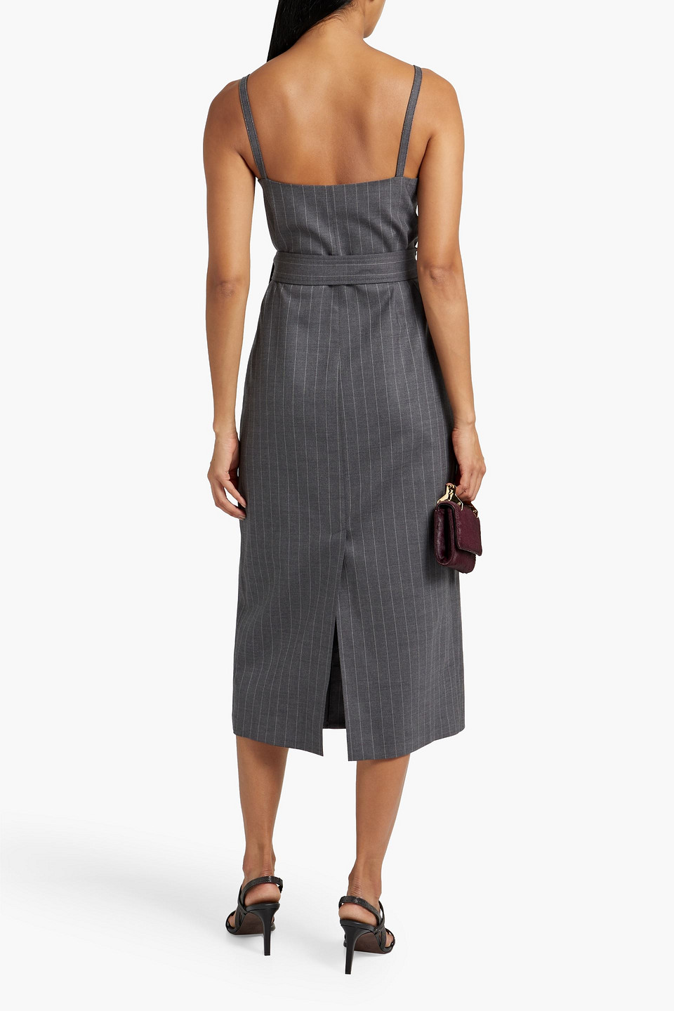 Shop Brunello Cucinelli Belted Pinstriped Wool-blend Midi Dress In Anthracite