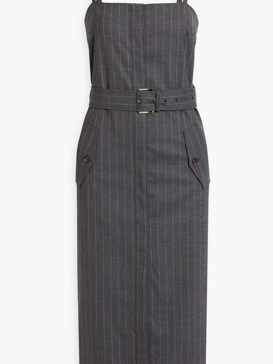belted pinstriped wool-blend midi dress