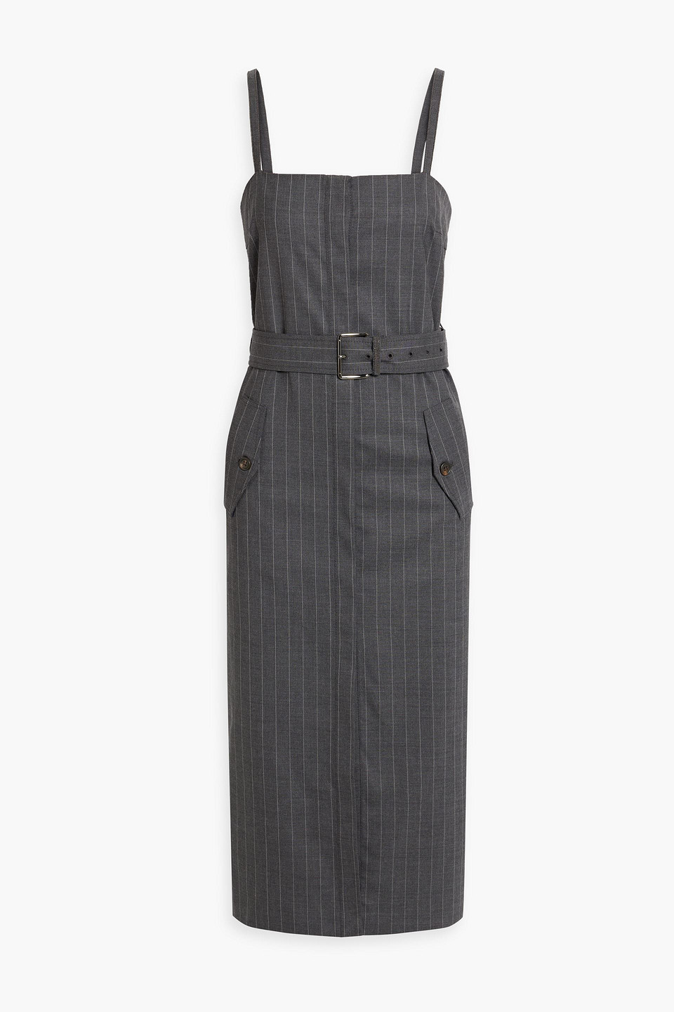 Brunello Cucinelli Belted Pinstriped Wool-blend Midi Dress In Anthracite