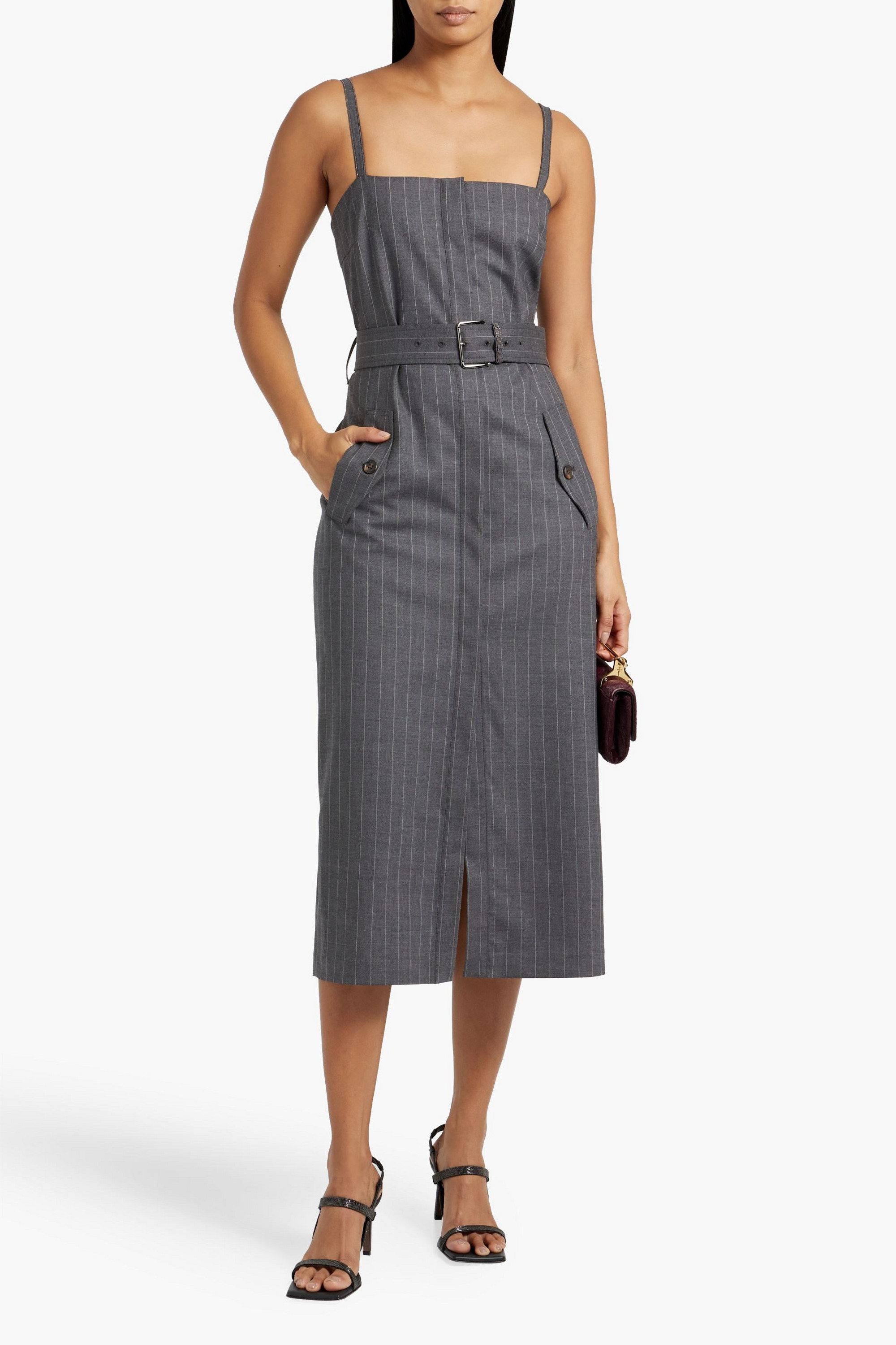 Brunello Cucinelli Belted pinstriped wool-blend midi dress