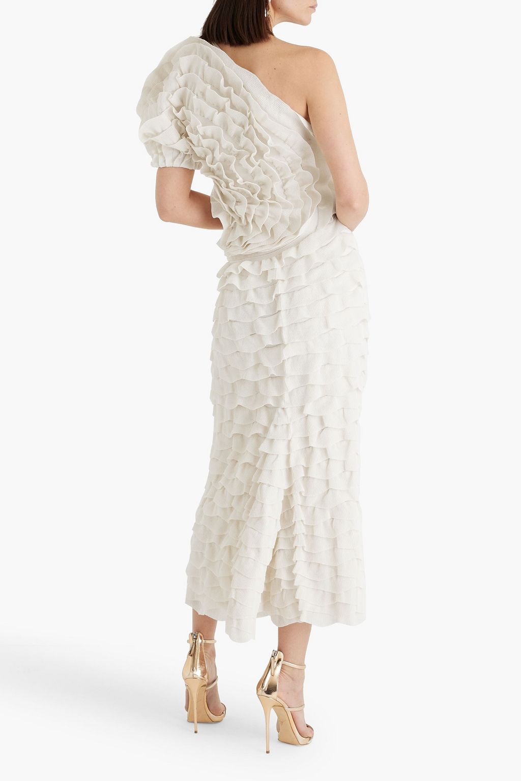 CHLOÉ One-shoulder cutout ruffled silk-blend midi dress
