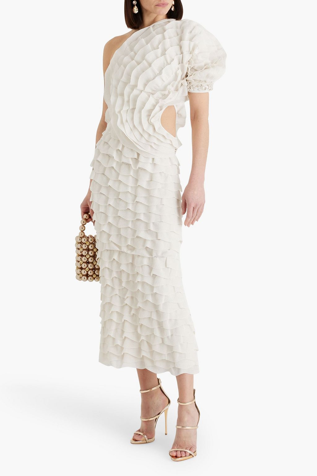 CHLOÉ One-shoulder cutout ruffled silk-blend midi dress