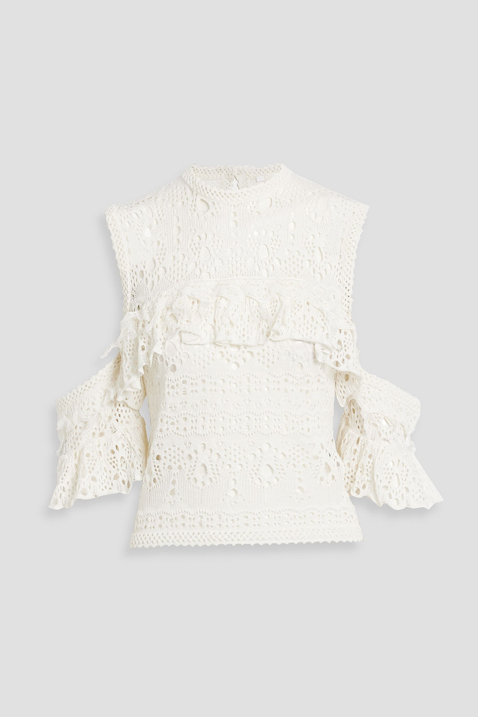 Chloé Cold-shoulder Ruffled Broderie Anglaise Linen, Cashmere And Silk-blend Top In Ivory