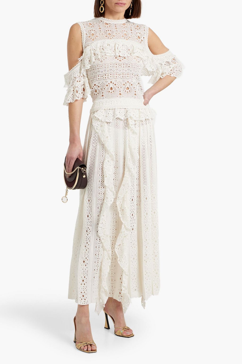 CHLOÉ Cold-shoulder ruffled broderie anglaise linen, cashmere and silk-blend top