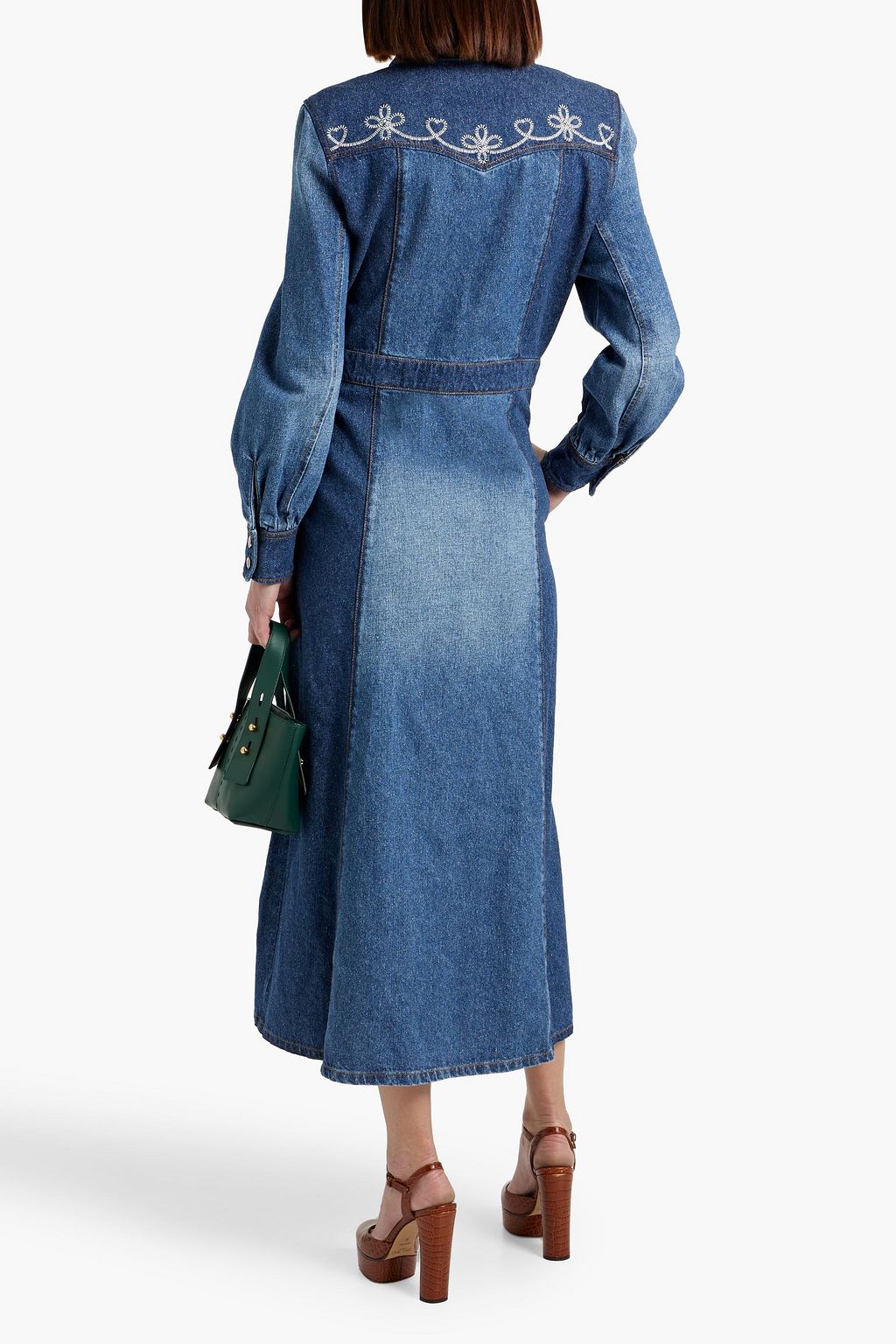 CHLOÉ Embroidered two-tone denim midi shirt dress